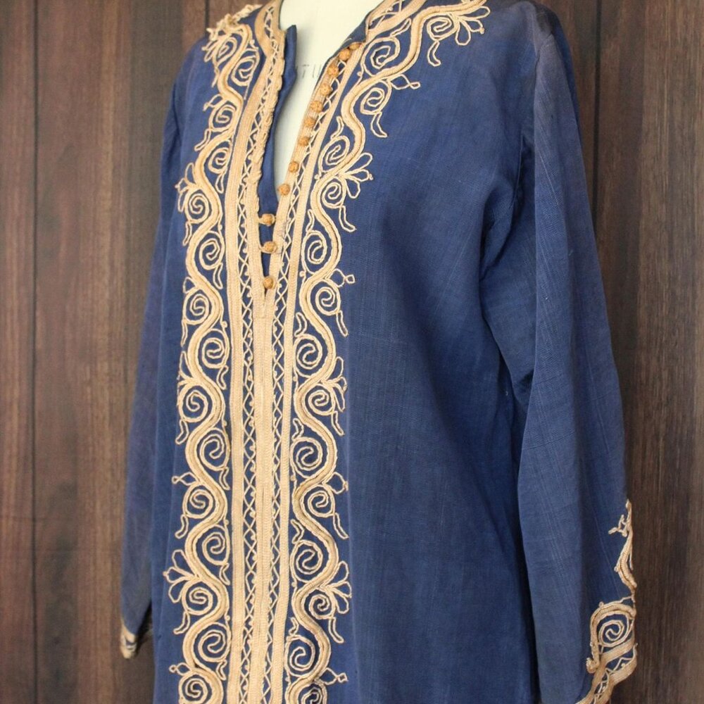 Vintage Moroccan Caftan, Blue and Gold Tunic or Dress,Traditional Middle Eastern - Picture 7 of 10
